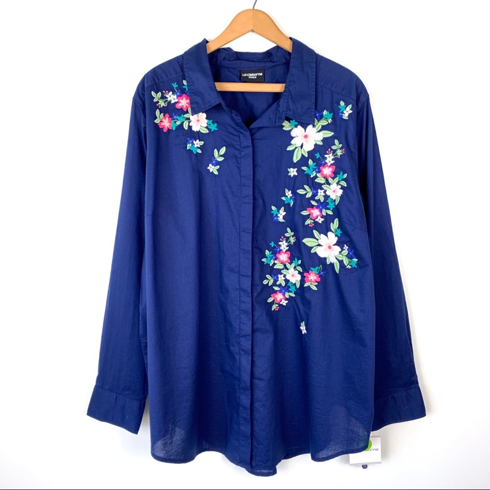 Liz Claiborne Floral Embroidered Button Down Shirt